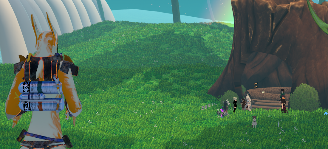 My model in VRChat on the left, overlooking some other people hanging out below, on the right